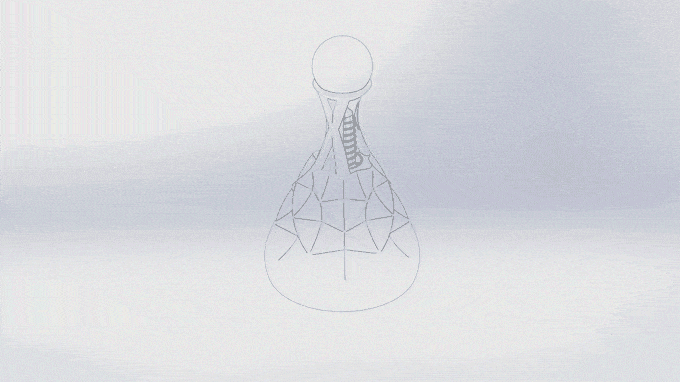 Animated blueprint of the Living Crystal, the faceted base, gilded neck, copper coil, and crystal sphere drawn in sequence