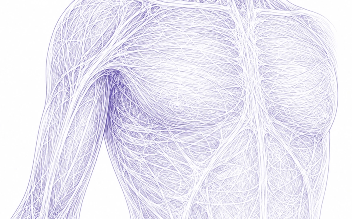 Fine-line drawing of the body's fascia web across the torso and arm