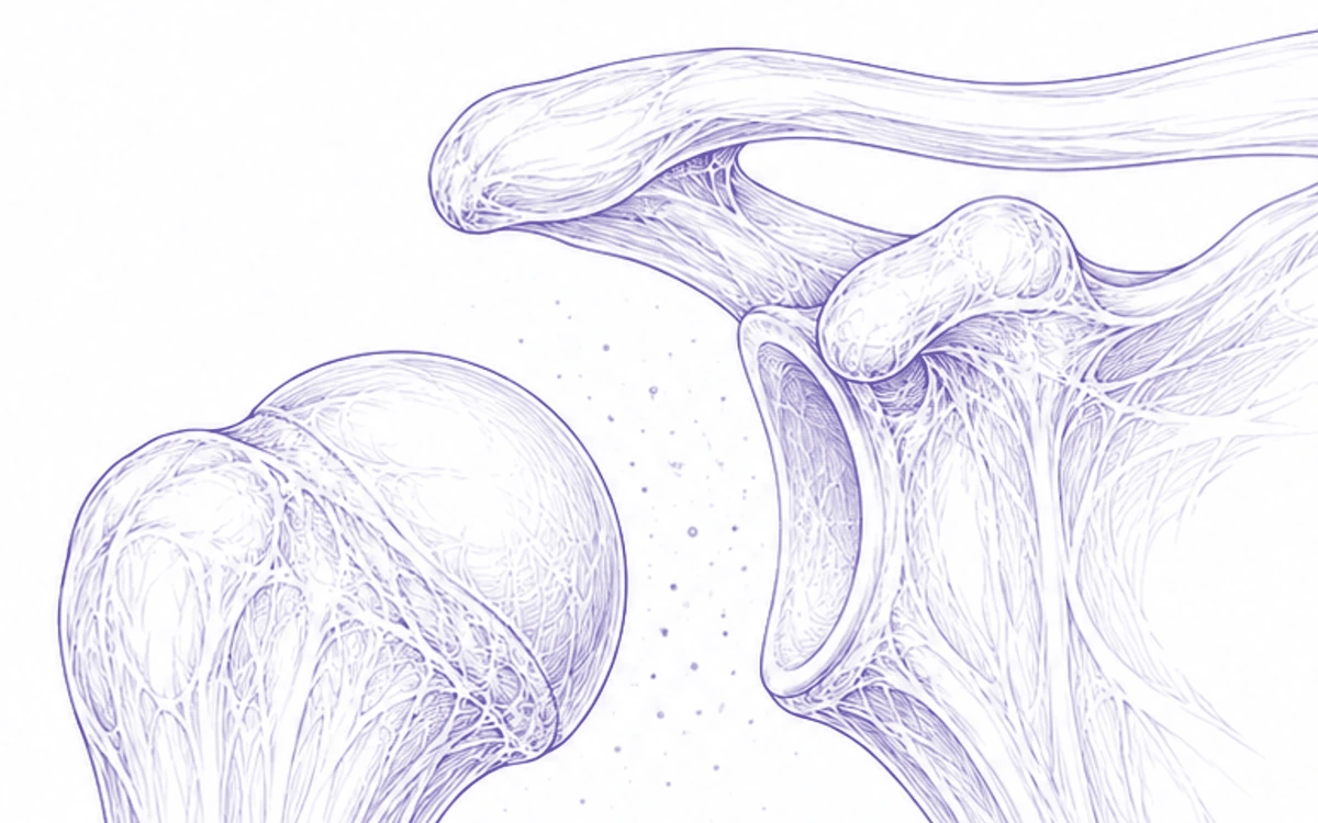 Fine-line drawing of an opened shoulder joint, energy pooling in the space between ball and socket