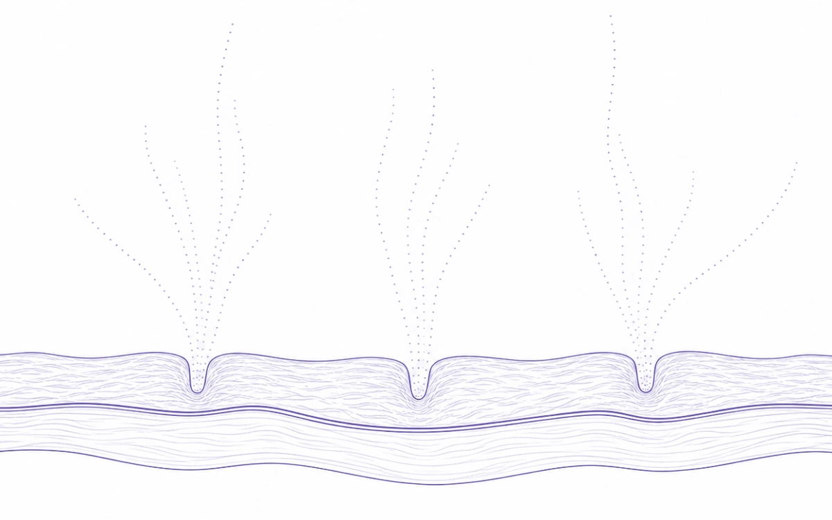 Fine-line cross-section of skin, with dotted streams of energy entering three open pores