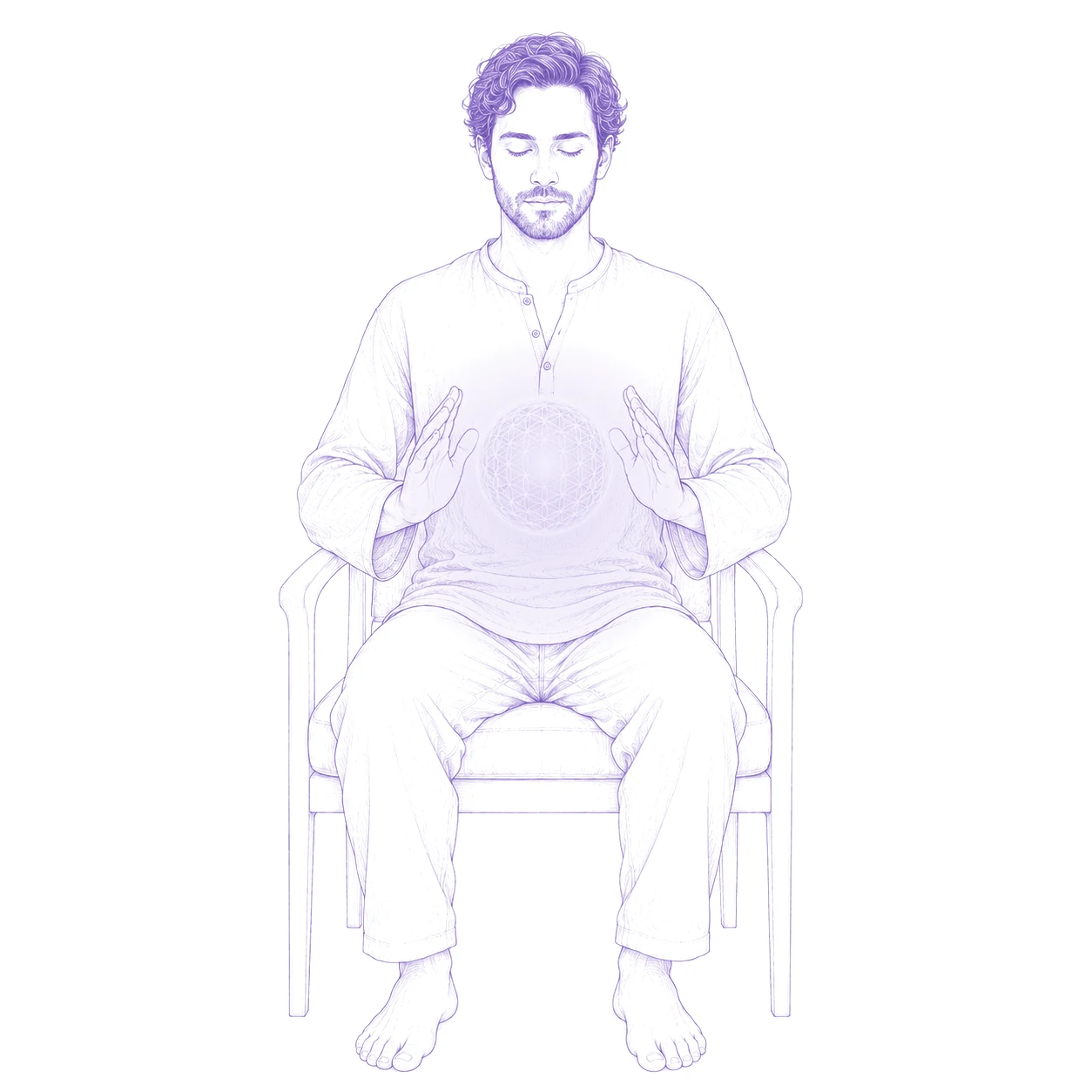 A person seated upright in a chair, feet flat on the floor, hands cupping a glowing energy ball at the belly