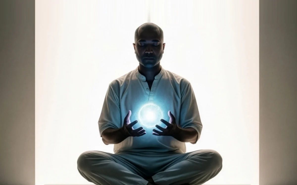 Silhouette of a person seated in meditation, a sphere of blue light held between the hands.