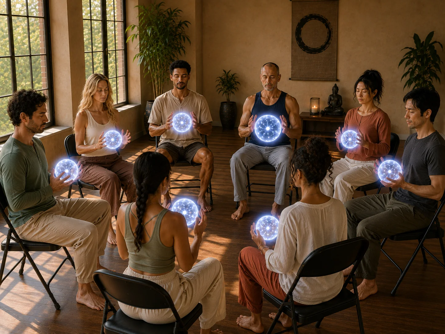 A group seated in a circle, each cradling a glowing sphere of energy during a meditation session.