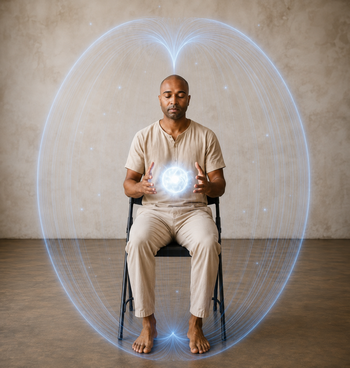 A person seated in meditation, hands cradling a sphere of light within a full toroidal field of energy encircling the body.
