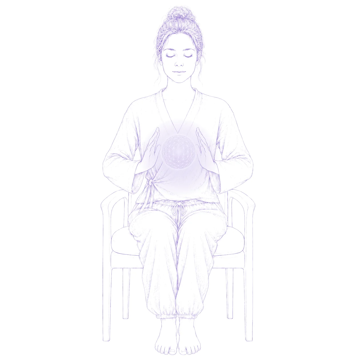 Violet fine-line drawing of a person seated in a chair, hands cupping a glowing Flower-of-Life energy ball.