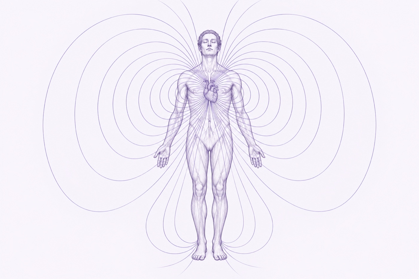 Line-art illustration of a human figure with magnetic field lines looping from the heart out past the body
