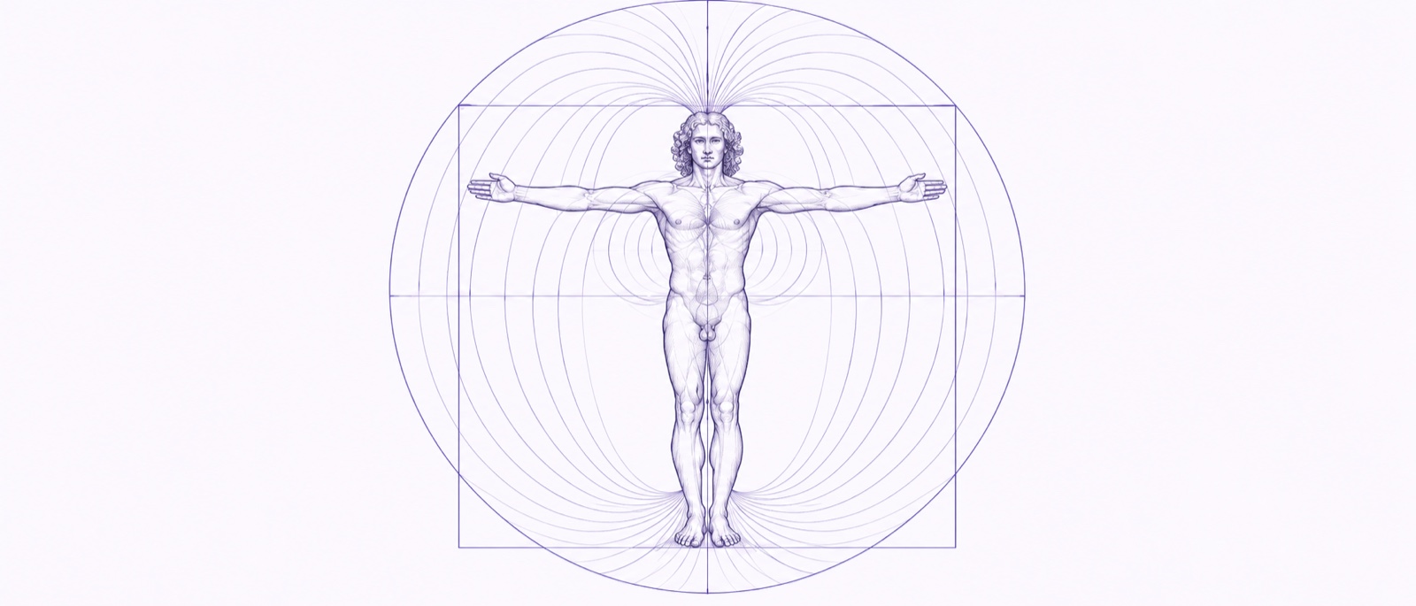 Line-art illustration of the Vitruvian Man within a toroidal biofield